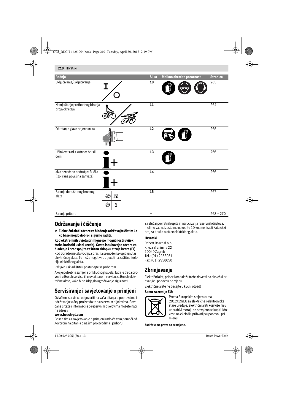 Održavanje i čišćenje, Servisiranje i savjetovanje o primjeni, Zbrinjavanje | Bosch GWS 9-125 Professional User Manual | Page 210 / 270