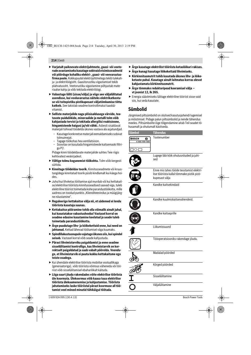 Sümbolid | Bosch GWS 9-125 Professional User Manual | Page 214 / 270