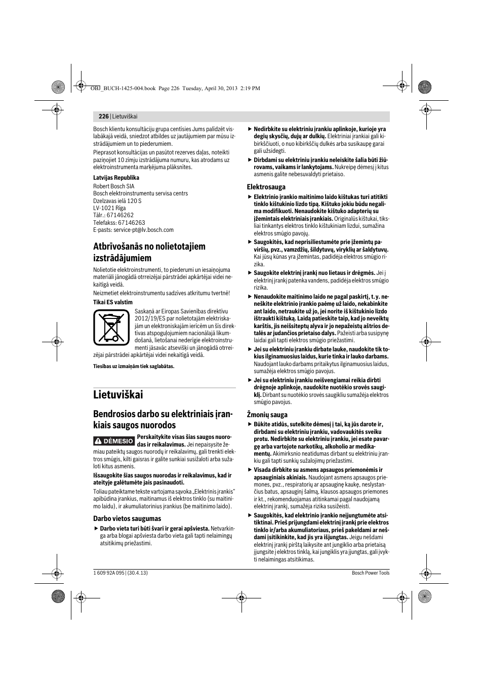 Lietuviškai, Atbrīvošanās no nolietotajiem izstrādājumiem | Bosch GWS 9-125 Professional User Manual | Page 226 / 270