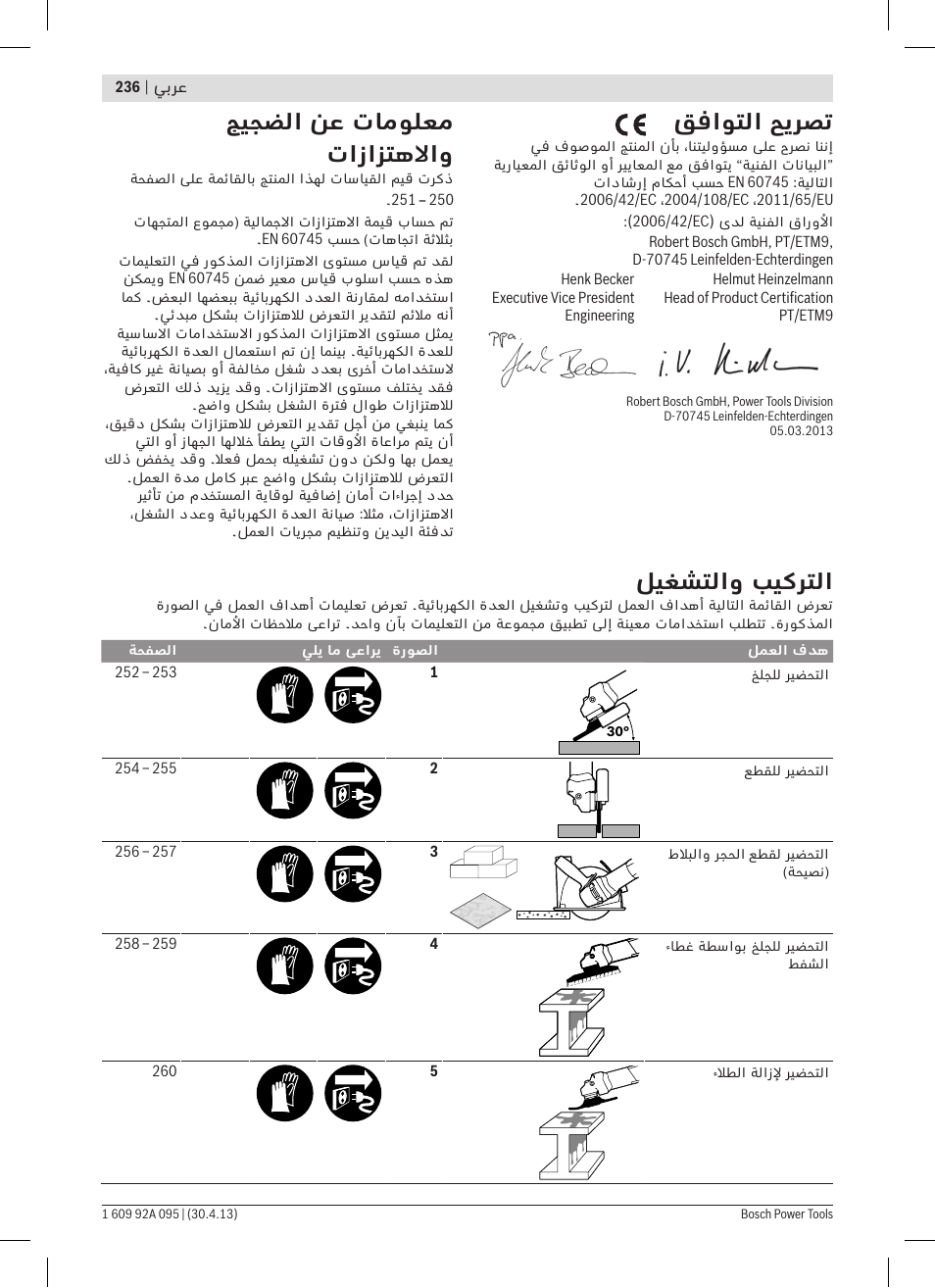 قفاوتلا حيرصت, جيجضلا نع تامولعم تازازتهلااو, ليغشتلاو بيكرتلا | Bosch GWS 9-125 Professional User Manual | Page 236 / 270