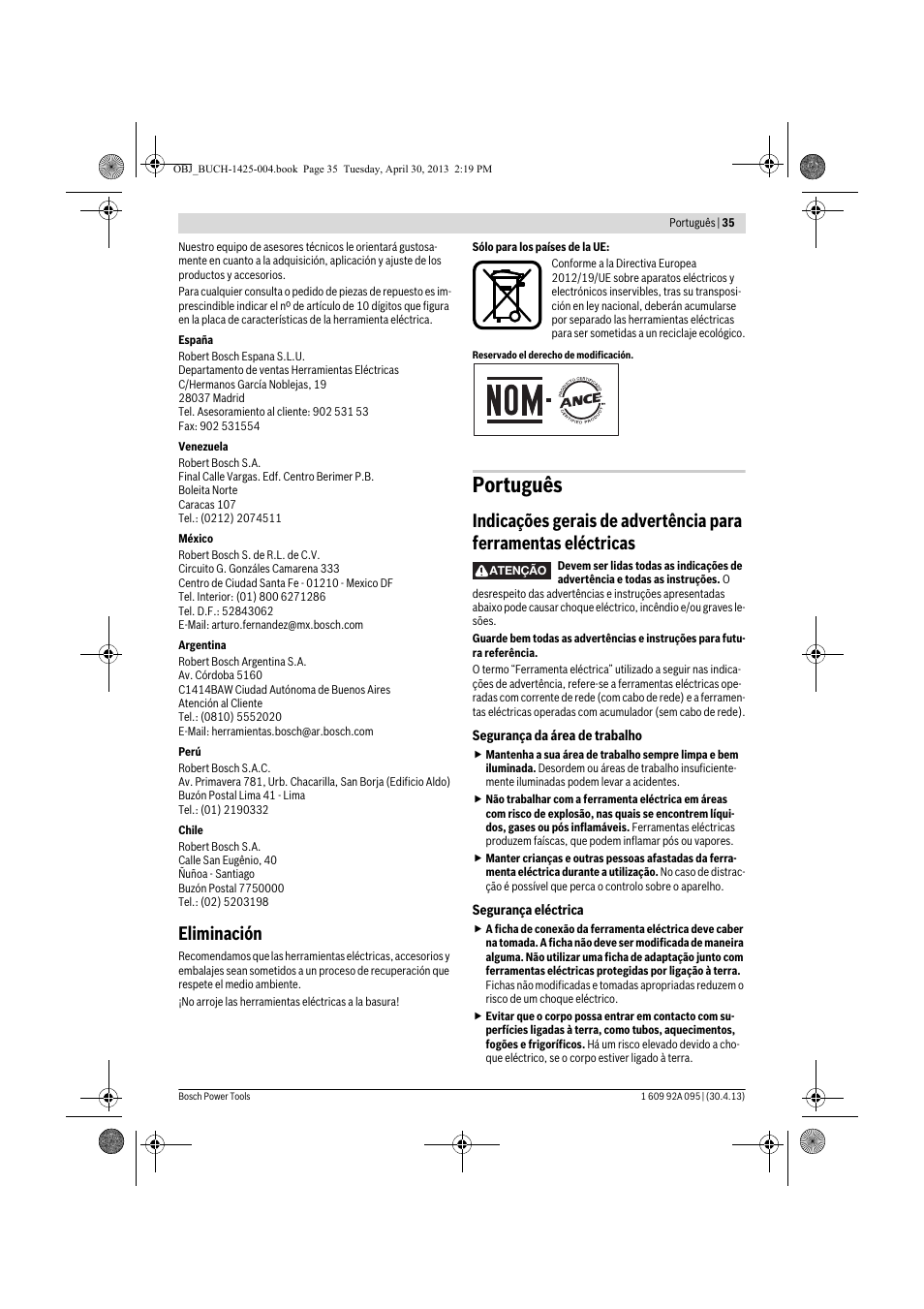 Português, Eliminación | Bosch GWS 9-125 Professional User Manual | Page 35 / 270