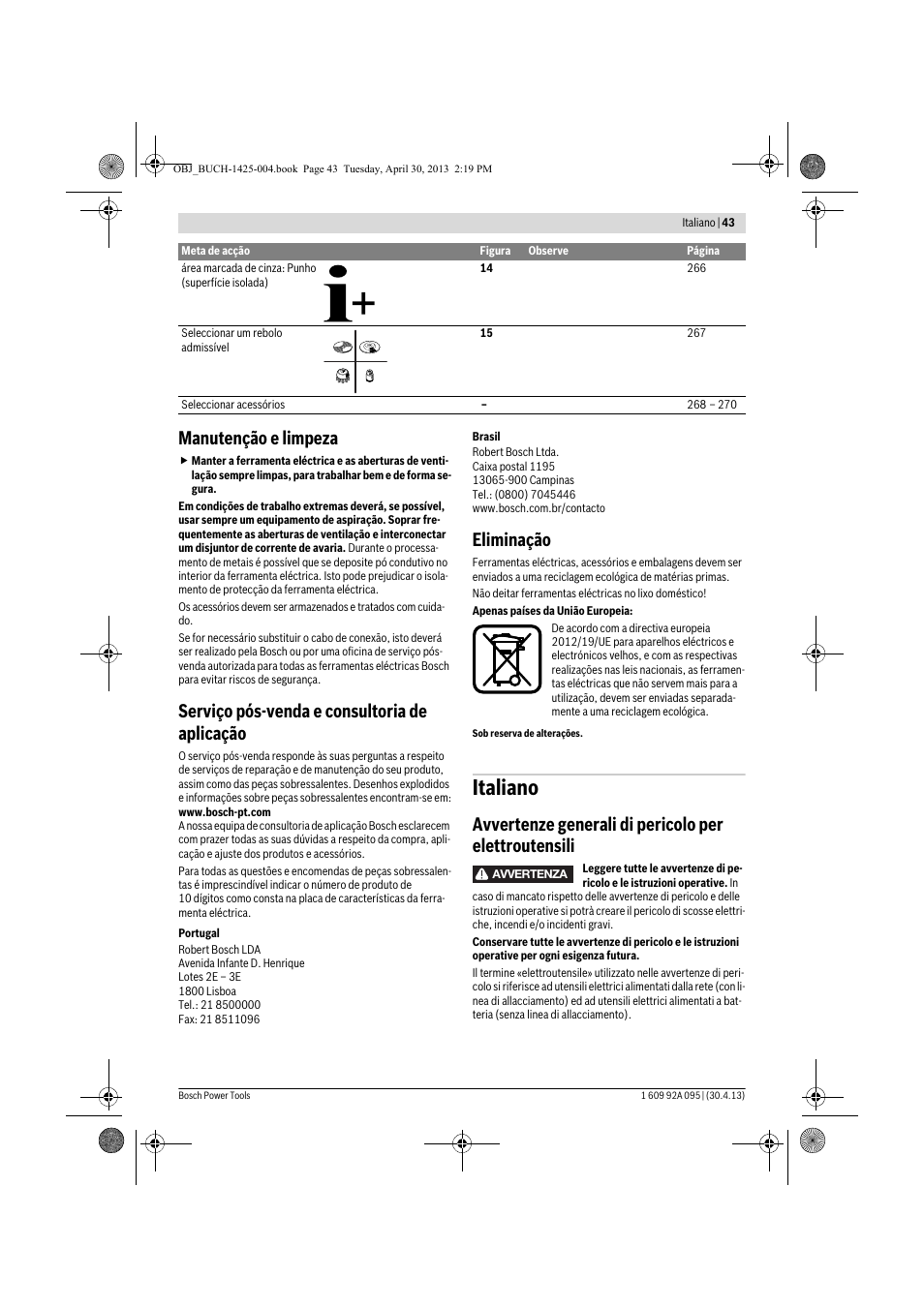 Italiano, Manutenção e limpeza, Serviço pós-venda e consultoria de aplicação | Eliminação | Bosch GWS 9-125 Professional User Manual | Page 43 / 270