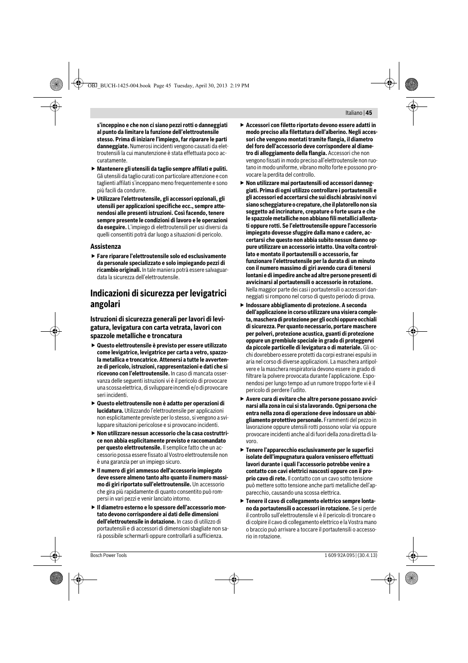 Indicazioni di sicurezza per levigatrici angolari | Bosch GWS 9-125 Professional User Manual | Page 45 / 270