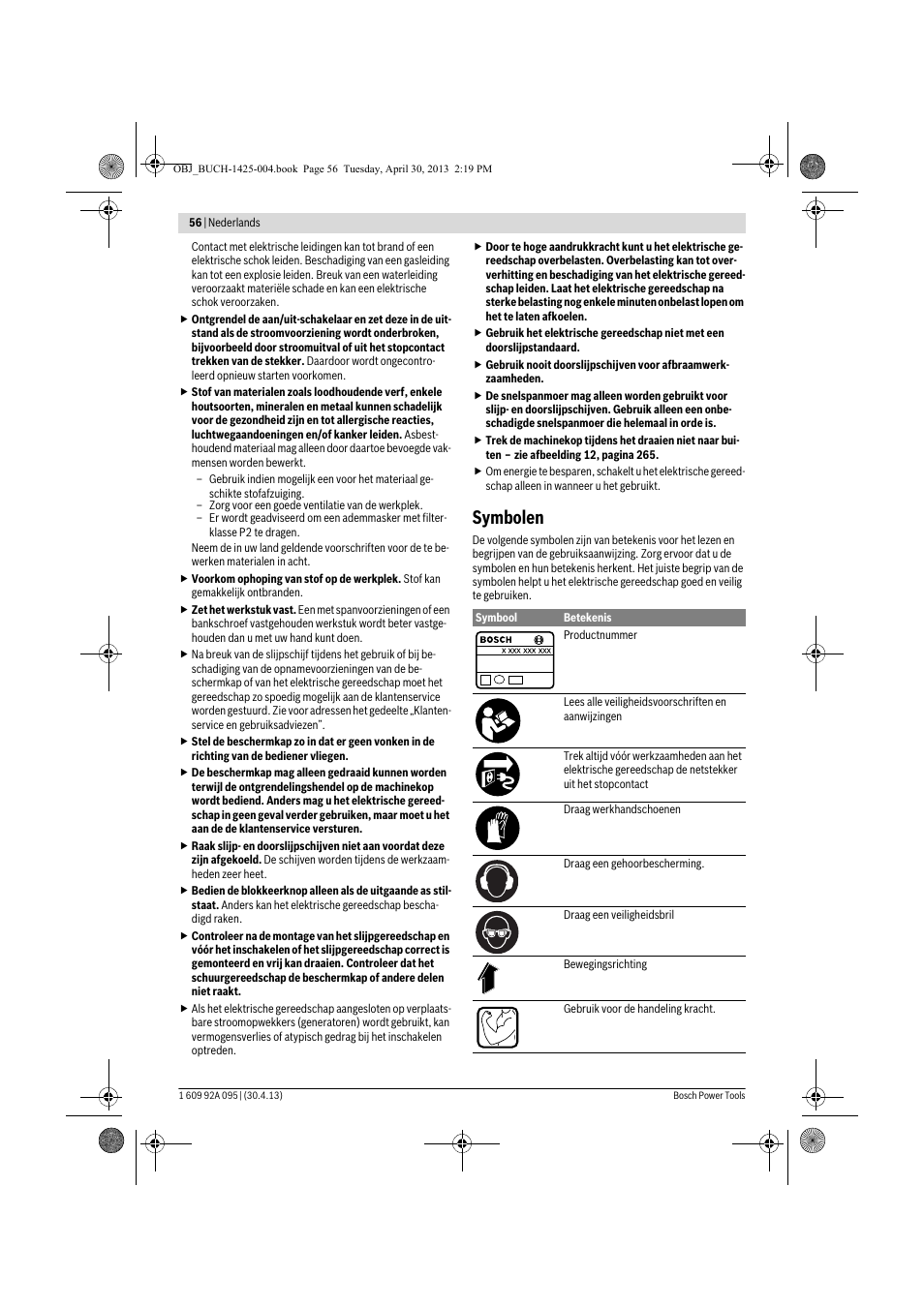 Symbolen | Bosch GWS 9-125 Professional User Manual | Page 56 / 270