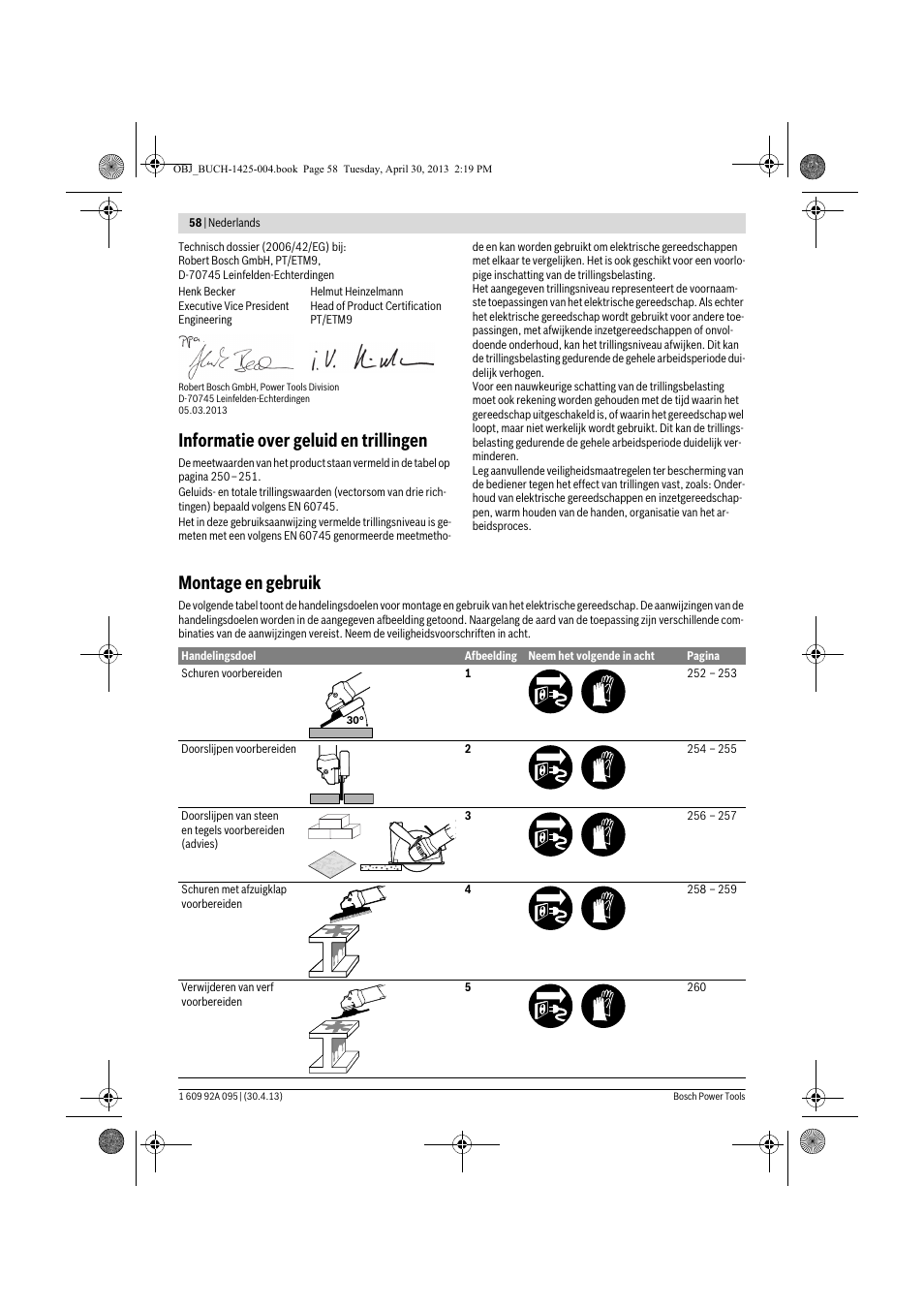 Informatie over geluid en trillingen, Montage en gebruik | Bosch GWS 9-125 Professional User Manual | Page 58 / 270