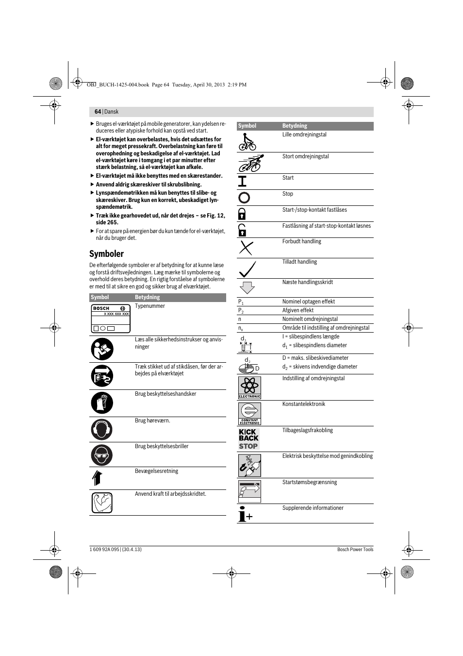 Symboler | Bosch GWS 9-125 Professional User Manual | Page 64 / 270