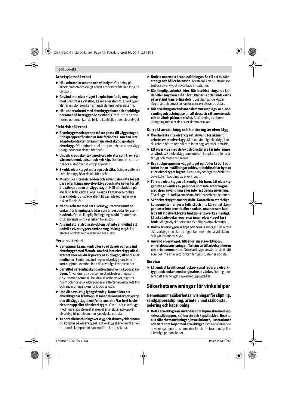 Säkerhetsanvisningar för vinkelslipar | Bosch GWS 9-125 Professional User Manual | Page 68 / 270