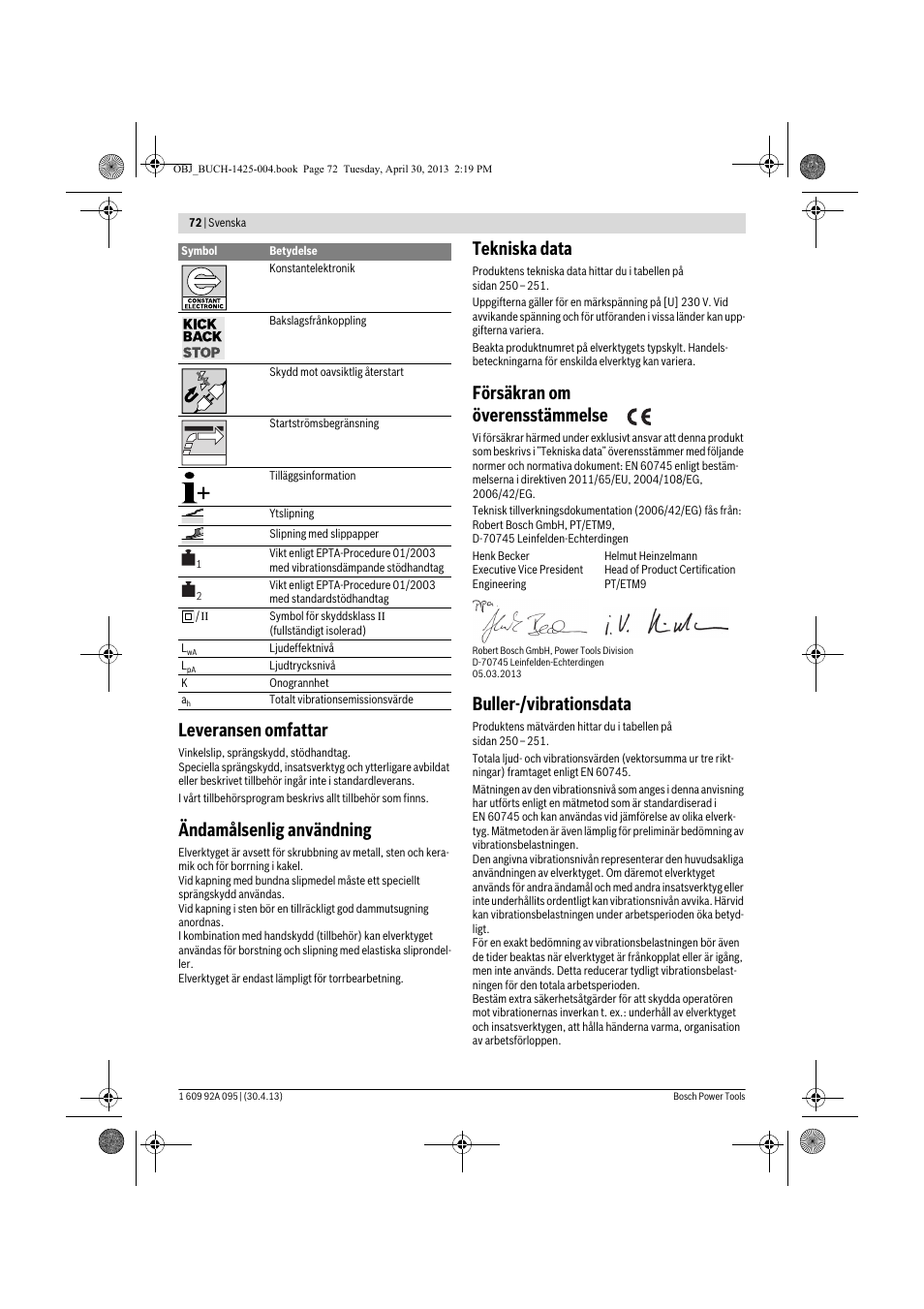 Leveransen omfattar, Ändamålsenlig användning, Tekniska data | Försäkran om överensstämmelse, Buller-/vibrationsdata | Bosch GWS 9-125 Professional User Manual | Page 72 / 270