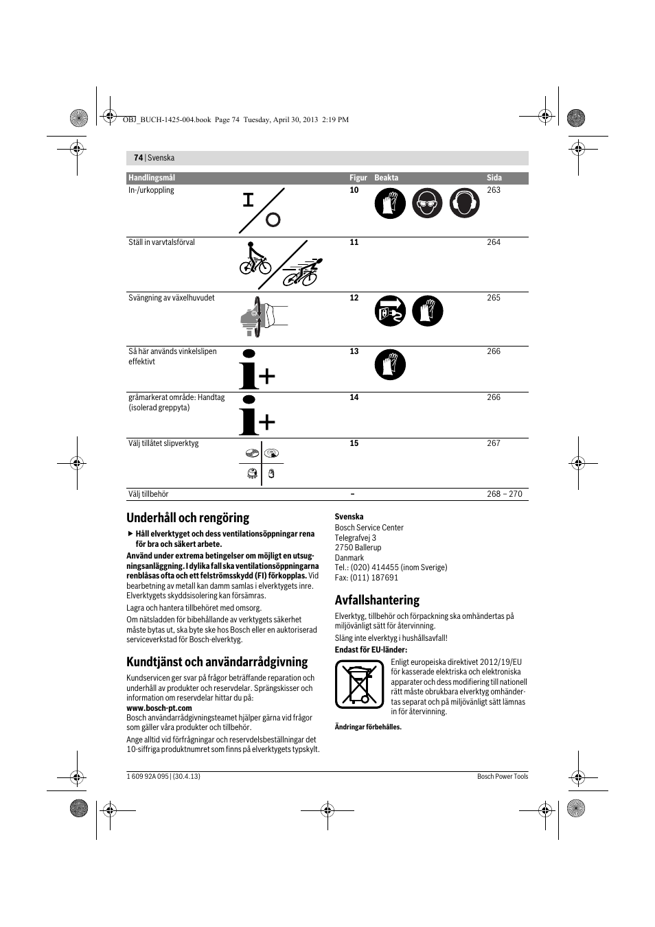 Underhåll och rengöring, Kundtjänst och användarrådgivning, Avfallshantering | Bosch GWS 9-125 Professional User Manual | Page 74 / 270