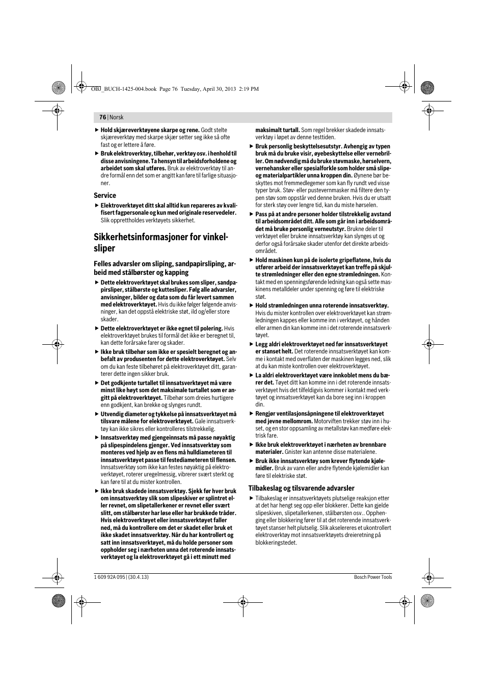 Sikkerhetsinformasjoner for vinkel- sliper | Bosch GWS 9-125 Professional User Manual | Page 76 / 270