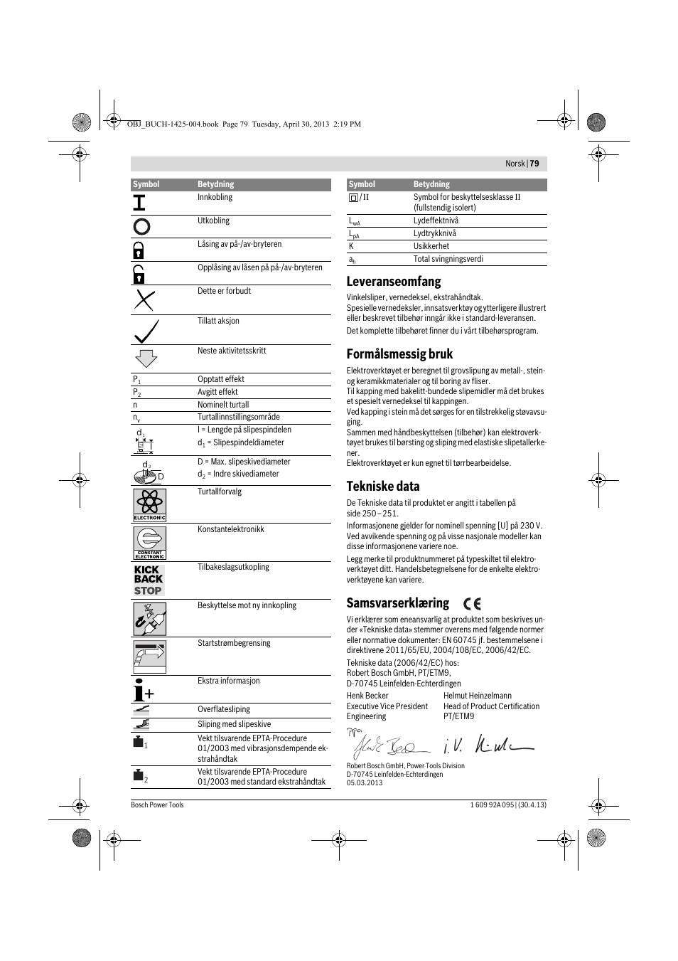 Leveranseomfang, Formålsmessig bruk, Tekniske data | Samsvarserklæring | Bosch GWS 9-125 Professional User Manual | Page 79 / 270