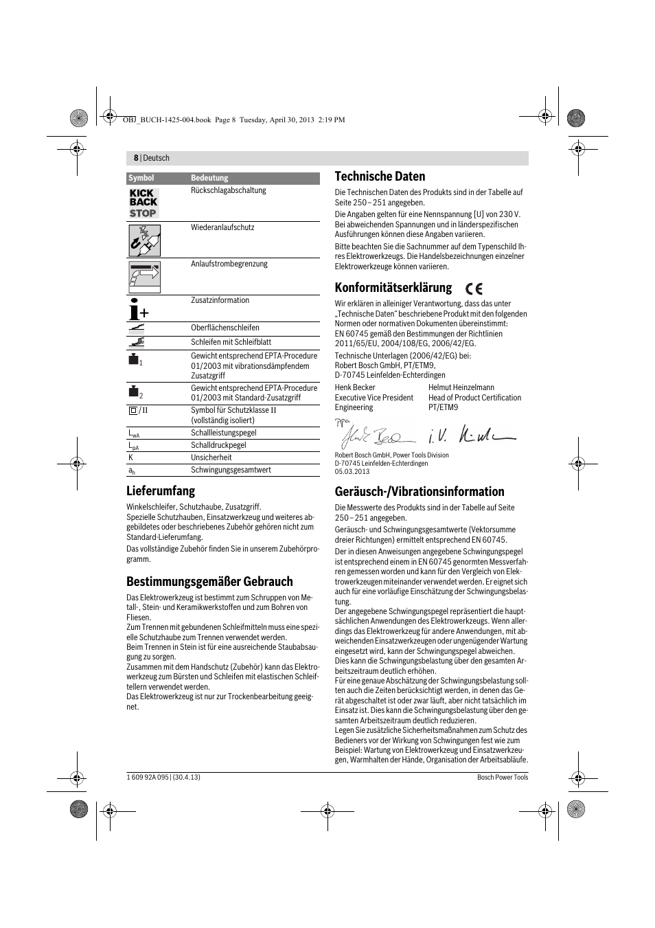 Lieferumfang, Bestimmungsgemäßer gebrauch, Technische daten | Konformitätserklärung, Geräusch-/vibrationsinformation | Bosch GWS 9-125 Professional User Manual | Page 8 / 270