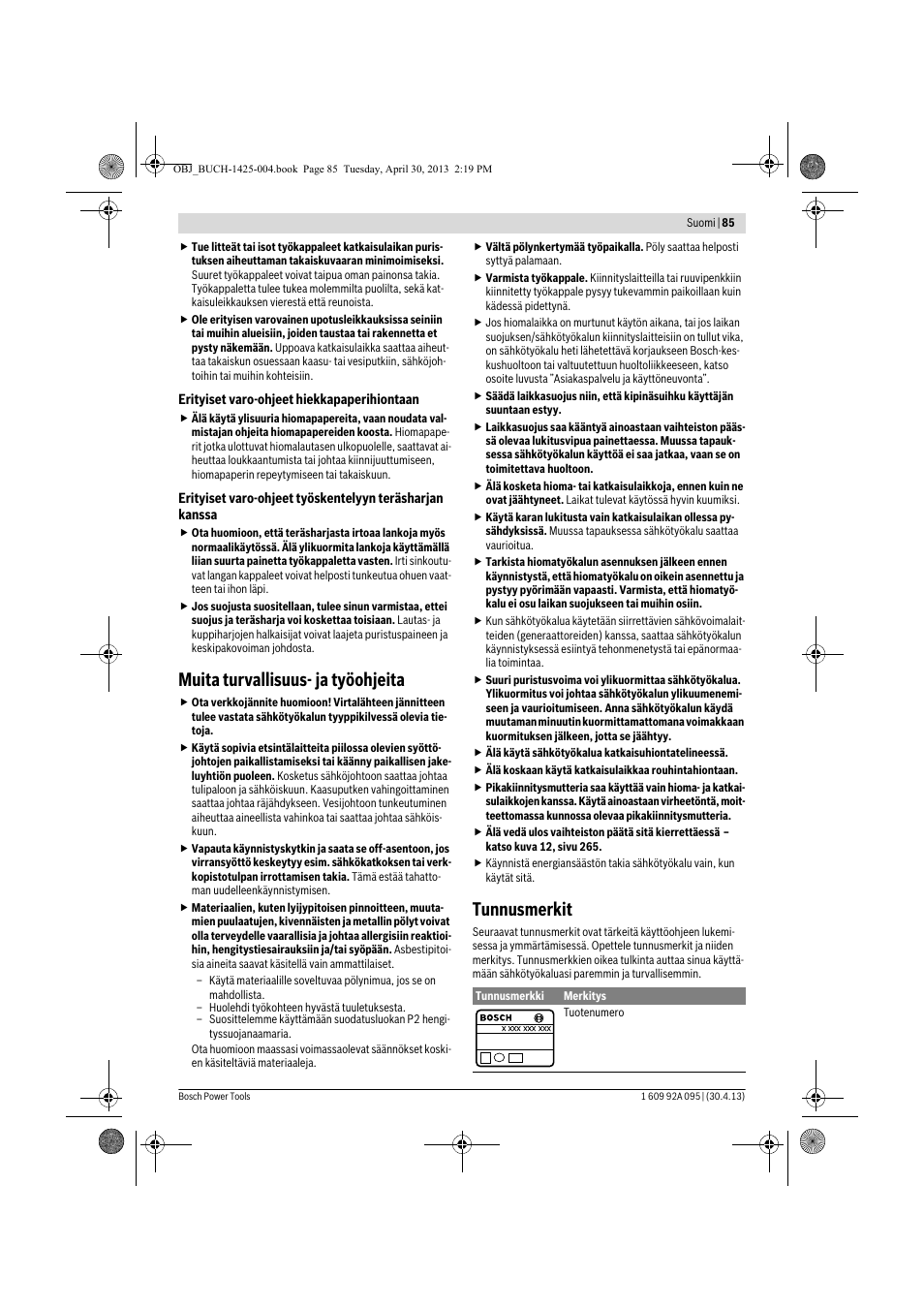 Muita turvallisuus- ja työohjeita, Tunnusmerkit | Bosch GWS 9-125 Professional User Manual | Page 85 / 270