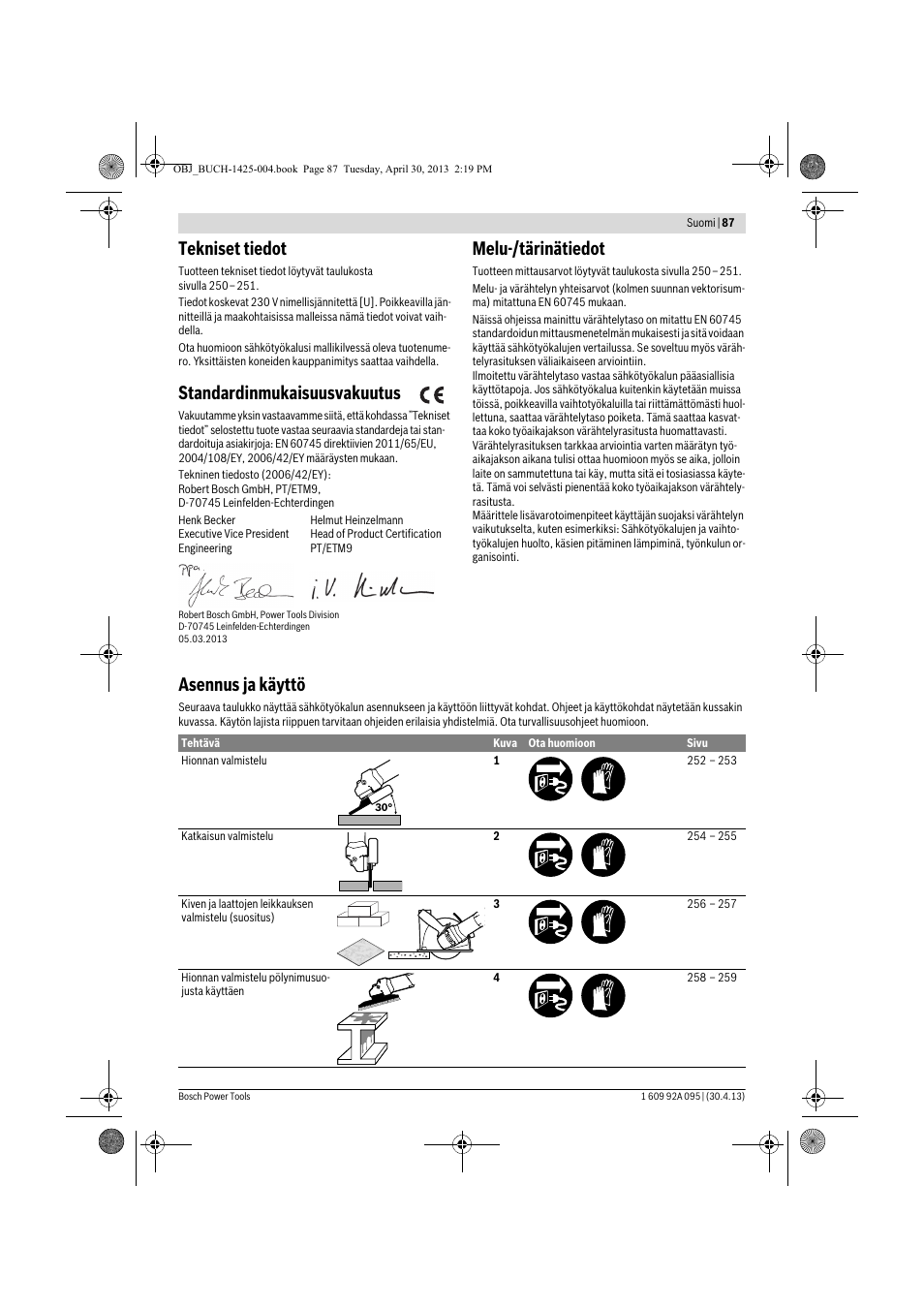 Tekniset tiedot, Standardinmukaisuusvakuutus, Melu-/tärinätiedot | Asennus ja käyttö | Bosch GWS 9-125 Professional User Manual | Page 87 / 270