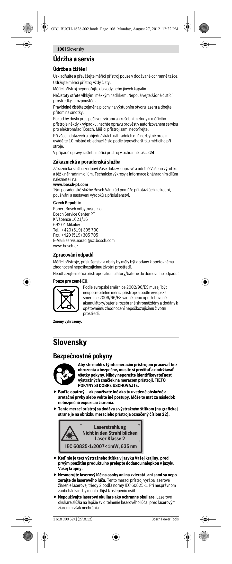 Slovensky, Údržba a servis, Bezpečnostné pokyny | Bosch GIM 60 L Professional User Manual | Page 106 / 222