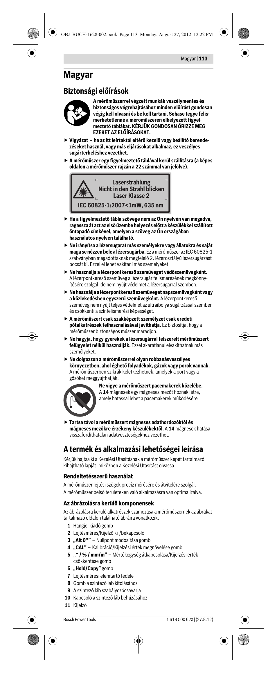 Magyar, Biztonsági előírások, A termék és alkalmazási lehetőségei leírása | Bosch GIM 60 L Professional User Manual | Page 113 / 222