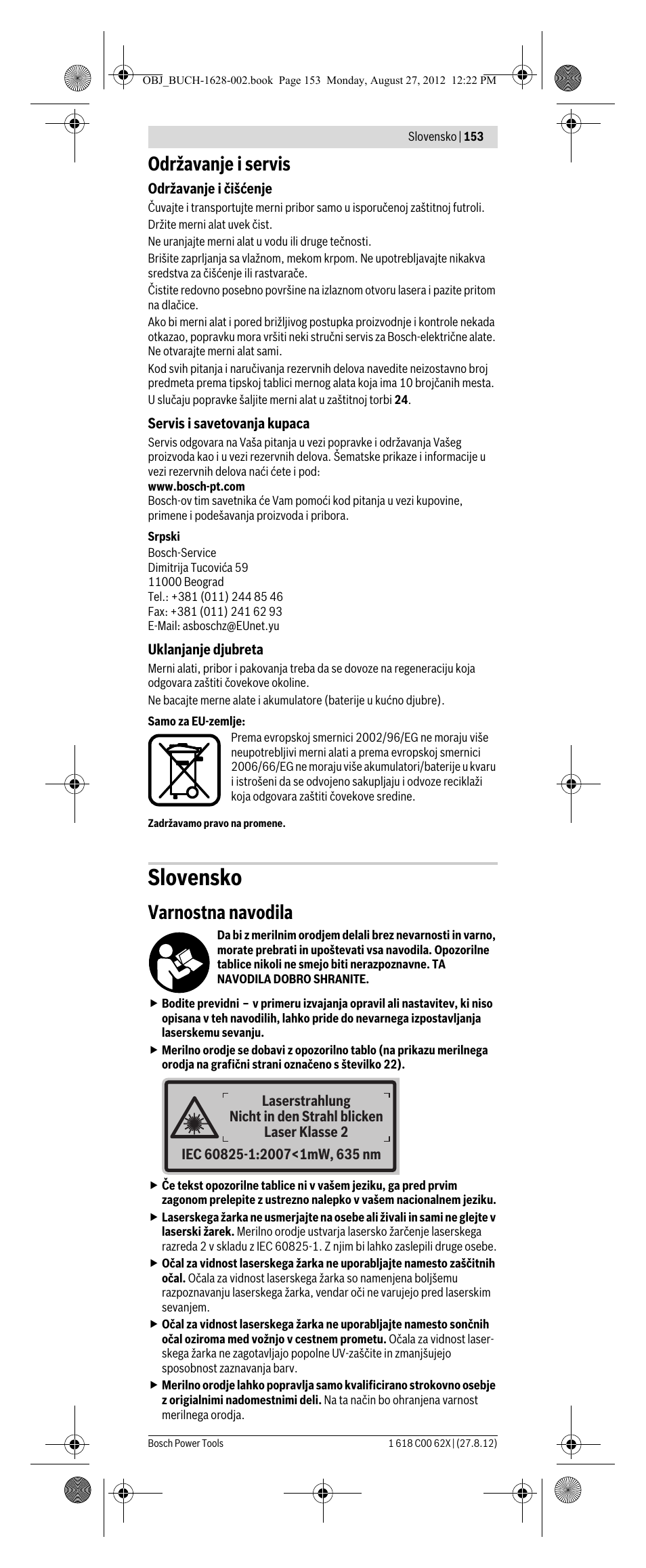 Slovensko, Održavanje i servis, Varnostna navodila | Bosch GIM 60 L Professional User Manual | Page 153 / 222