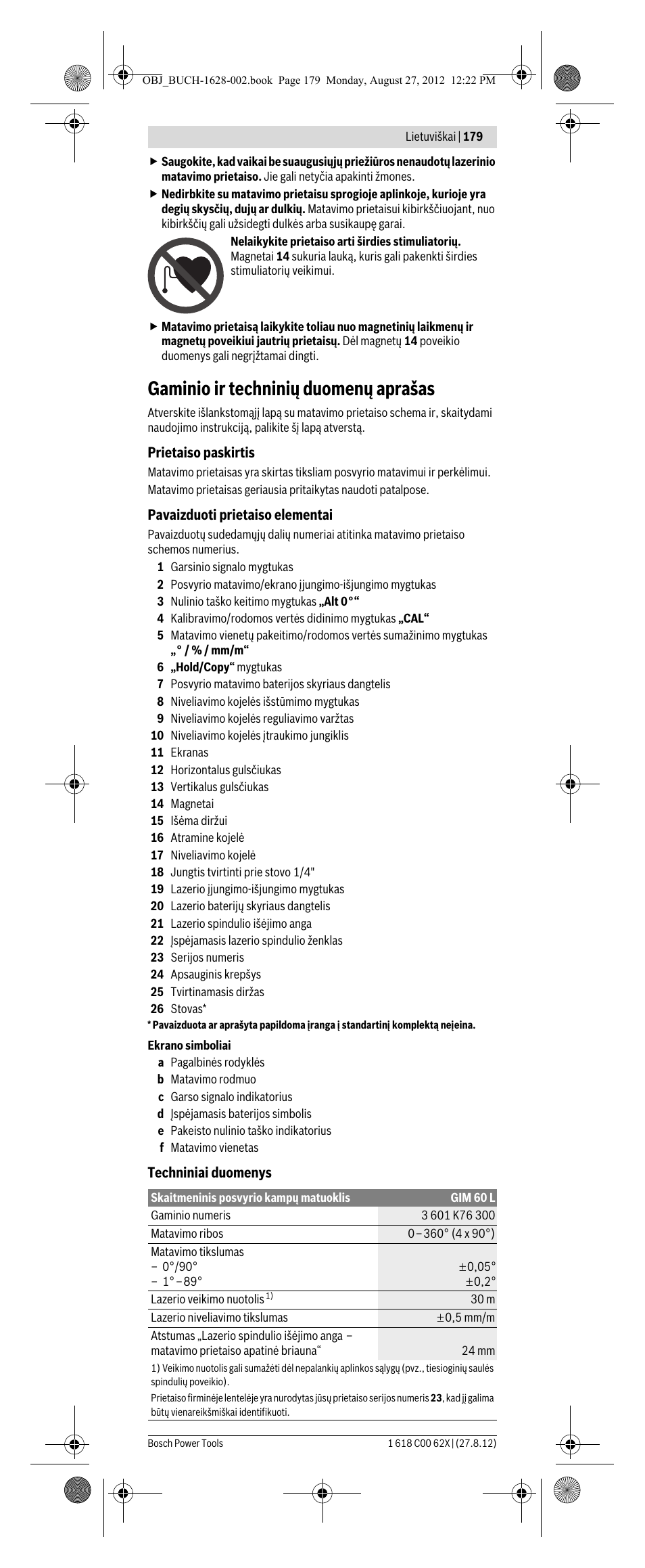 Gaminio ir techninių duomenų aprašas | Bosch GIM 60 L Professional User Manual | Page 179 / 222