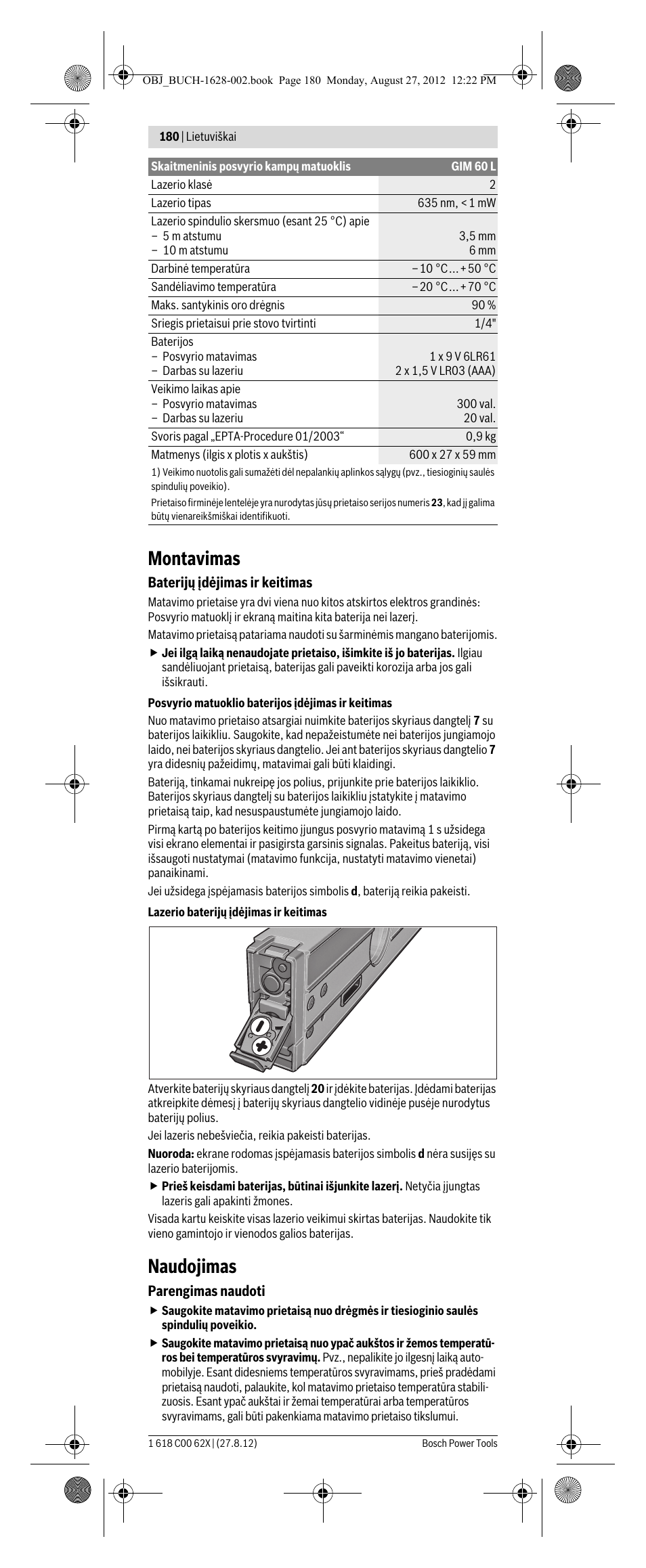 Montavimas, Naudojimas | Bosch GIM 60 L Professional User Manual | Page 180 / 222