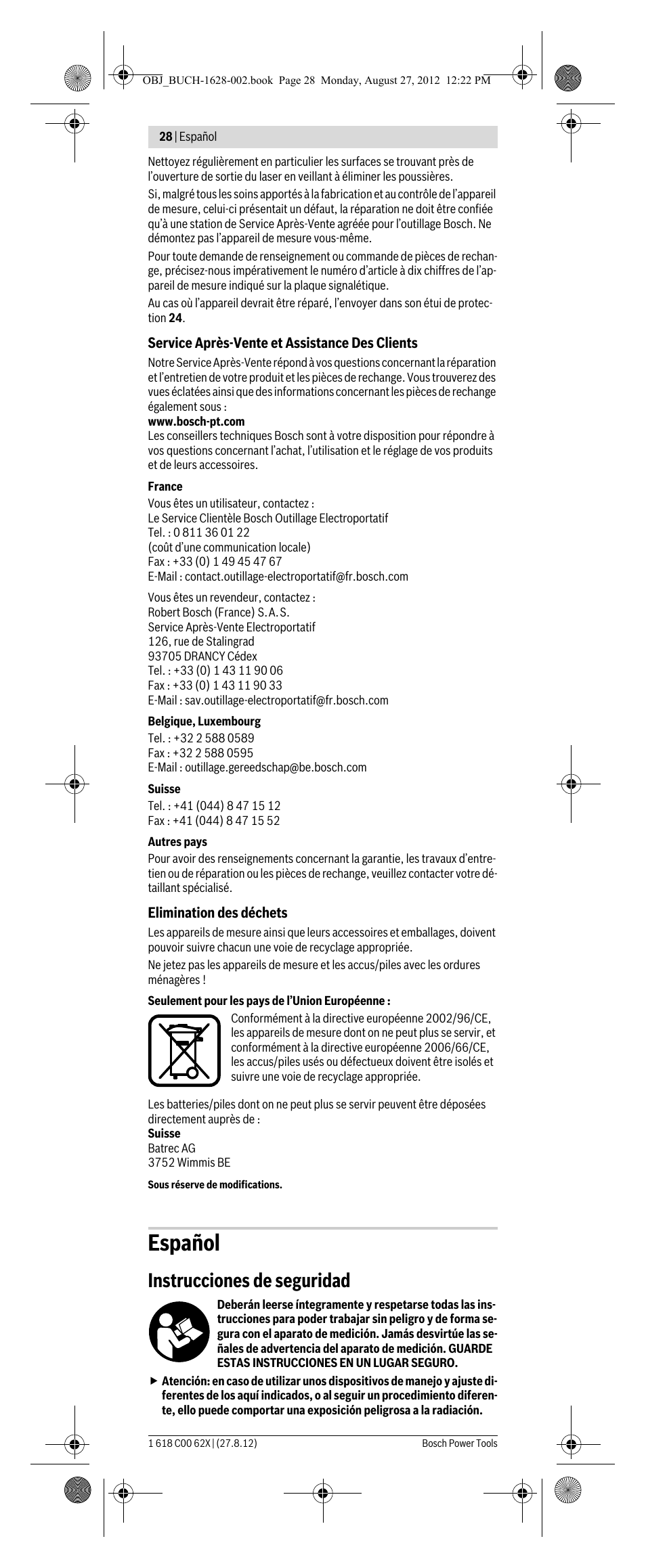 Español, Instrucciones de seguridad | Bosch GIM 60 L Professional User Manual | Page 28 / 222