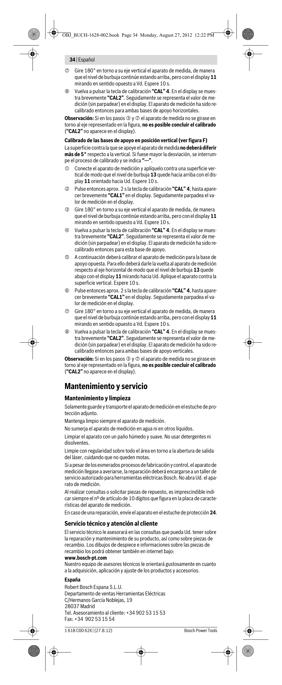 Mantenimiento y servicio | Bosch GIM 60 L Professional User Manual | Page 34 / 222