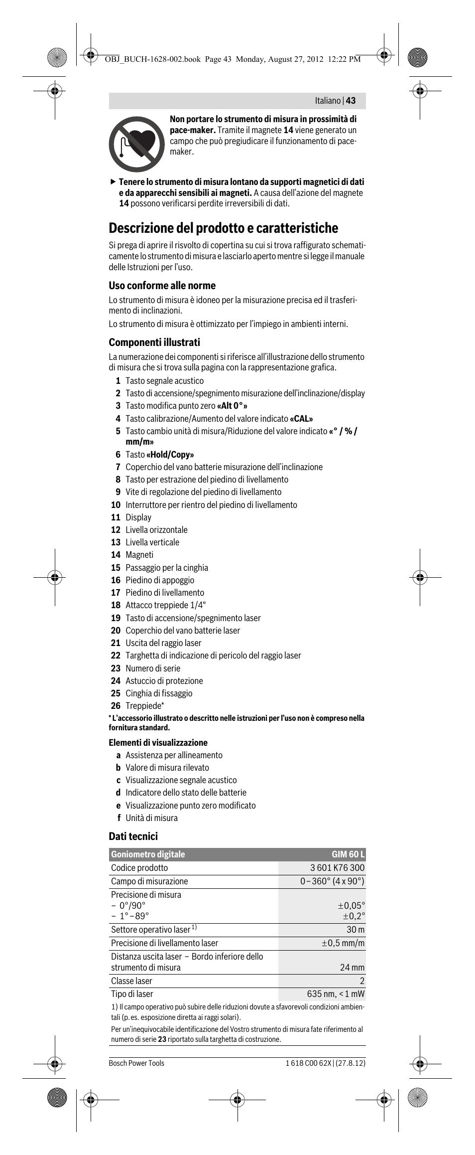 Descrizione del prodotto e caratteristiche | Bosch GIM 60 L Professional User Manual | Page 43 / 222