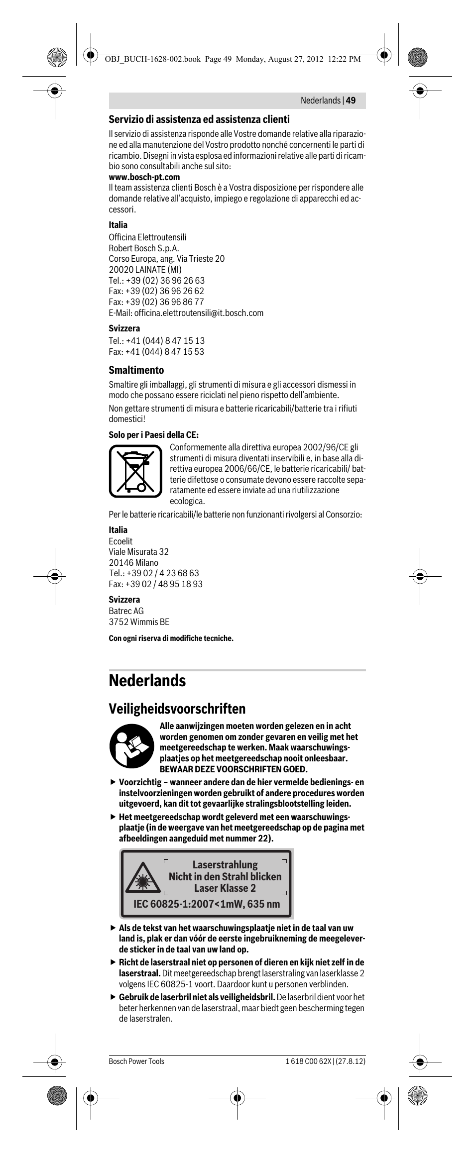 Nederlands, Veiligheidsvoorschriften | Bosch GIM 60 L Professional User Manual | Page 49 / 222