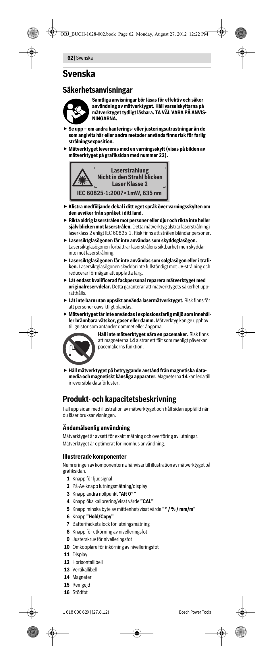 Svenska, Säkerhetsanvisningar, Produkt- och kapacitetsbeskrivning | Bosch GIM 60 L Professional User Manual | Page 62 / 222