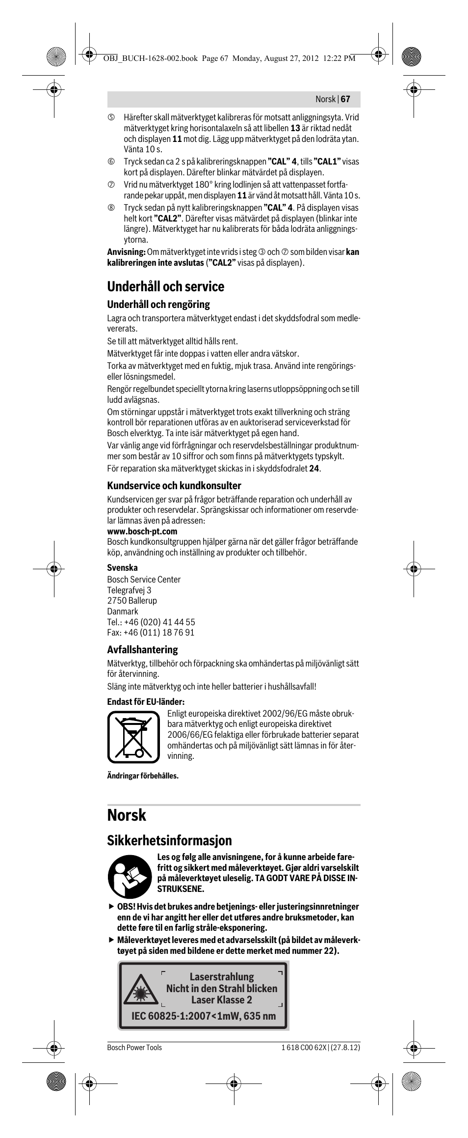 Norsk, Underhåll och service, Sikkerhetsinformasjon | Bosch GIM 60 L Professional User Manual | Page 67 / 222