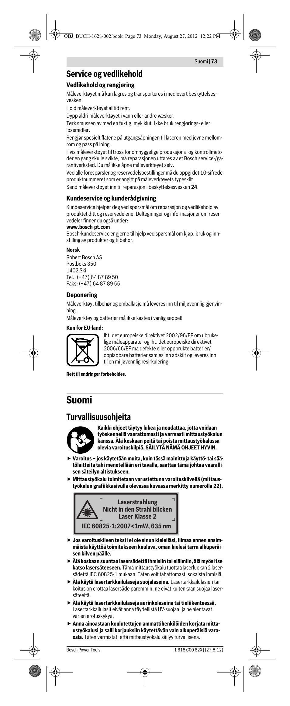 Suomi, Service og vedlikehold, Turvallisuusohjeita | Bosch GIM 60 L Professional User Manual | Page 73 / 222