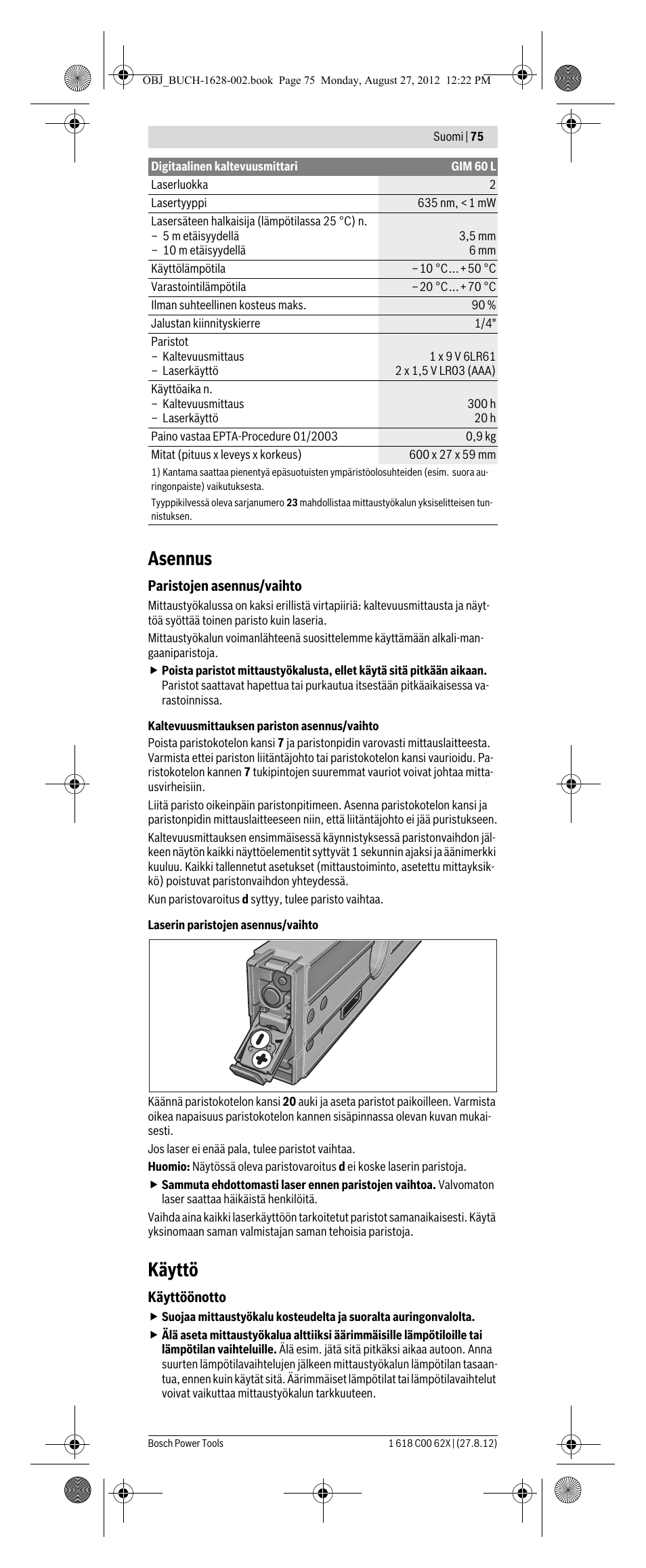 Asennus, Käyttö | Bosch GIM 60 L Professional User Manual | Page 75 / 222