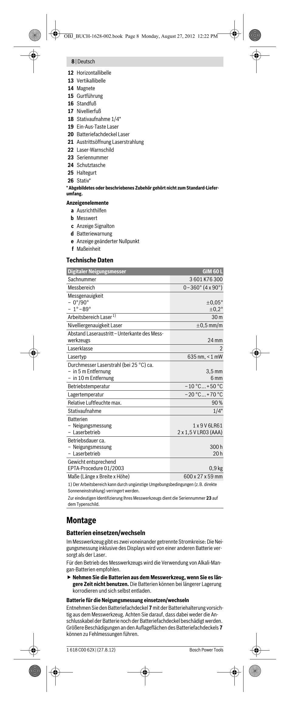 Montage | Bosch GIM 60 L Professional User Manual | Page 8 / 222