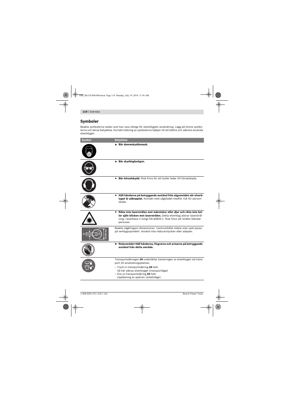 Symboler | Bosch PCM 7 User Manual | Page 114 / 346