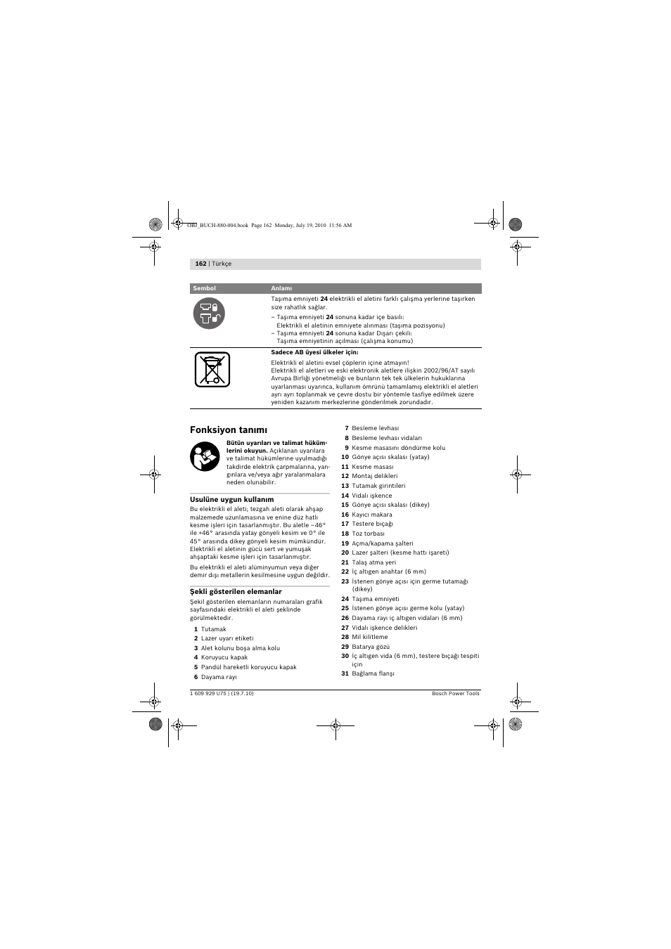 Fonksiyon tan m | Bosch PCM 7 User Manual | Page 162 / 346