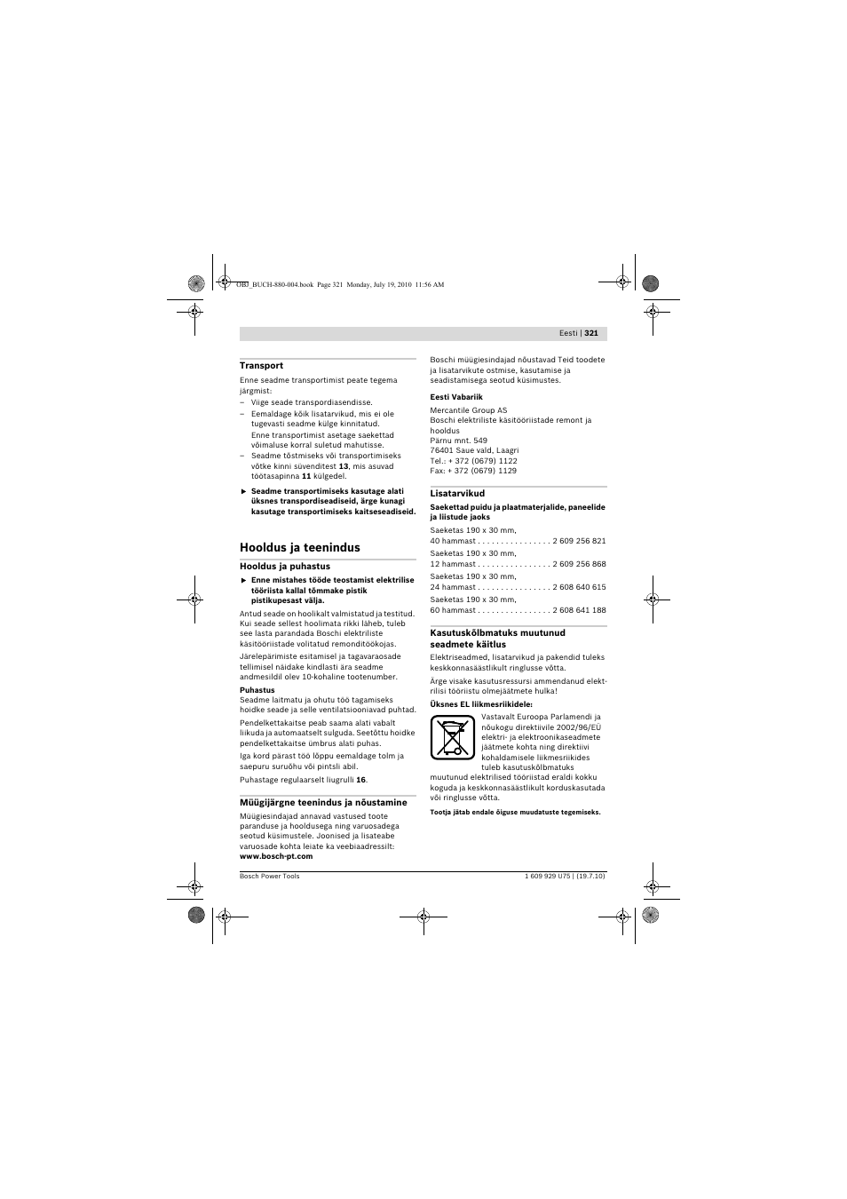 Hooldus ja teenindus | Bosch PCM 7 User Manual | Page 321 / 346