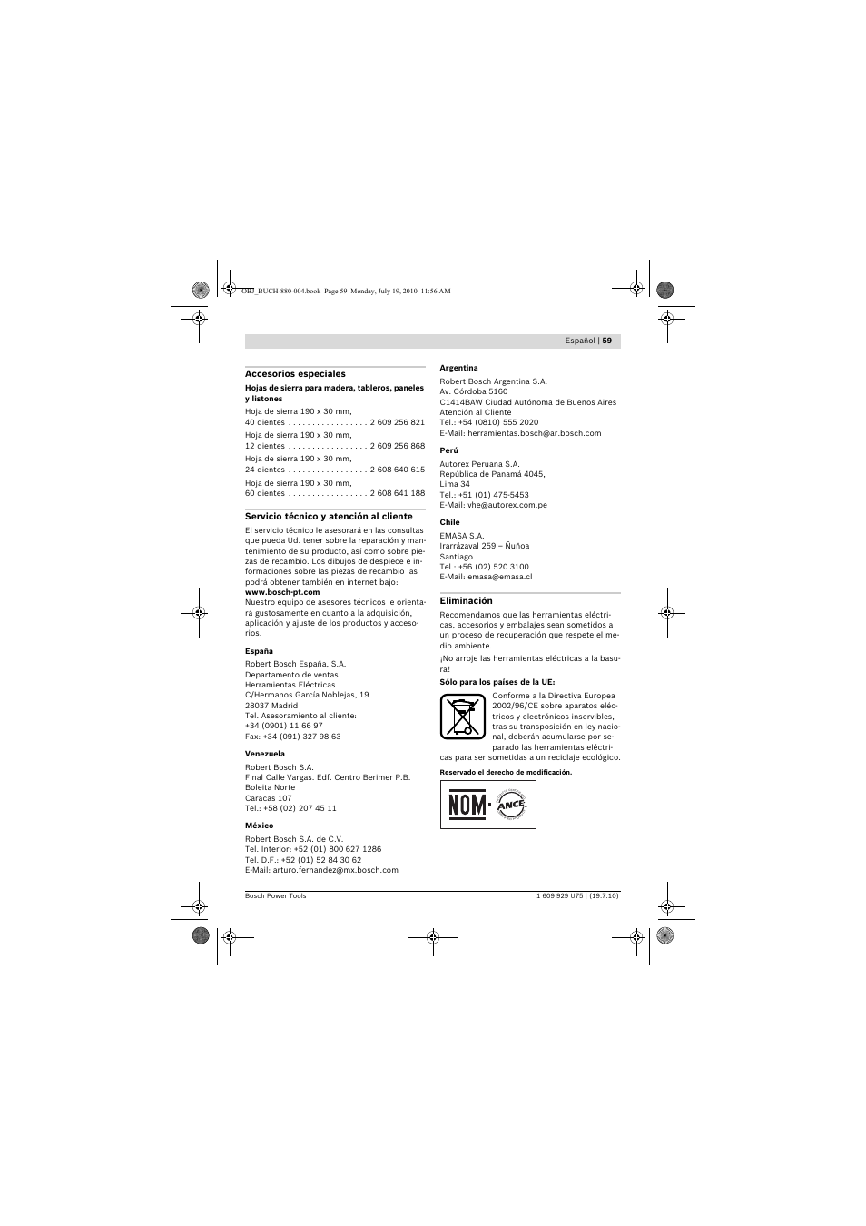 Accesorios especiales, Servicio técnico y atención al cliente, Eliminación | Bosch PCM 7 User Manual | Page 59 / 346