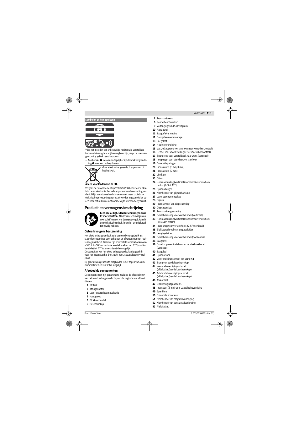 Product- en vermogensbeschrijving | Bosch GCM 12 GDL Professional User Manual | Page 113 / 456