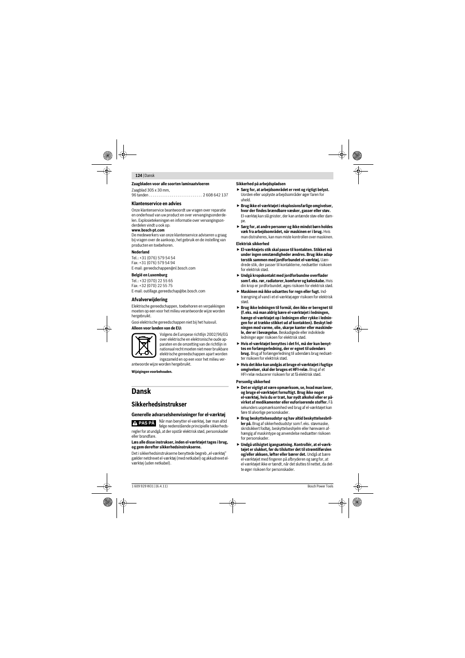 Dansk, Sikkerhedsinstrukser | Bosch GCM 12 GDL Professional User Manual | Page 124 / 456