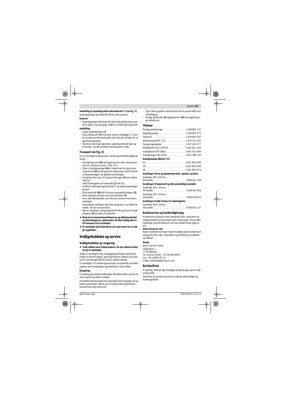 Vedligeholdelse og service | Bosch GCM 12 GDL Professional User Manual | Page 137 / 456