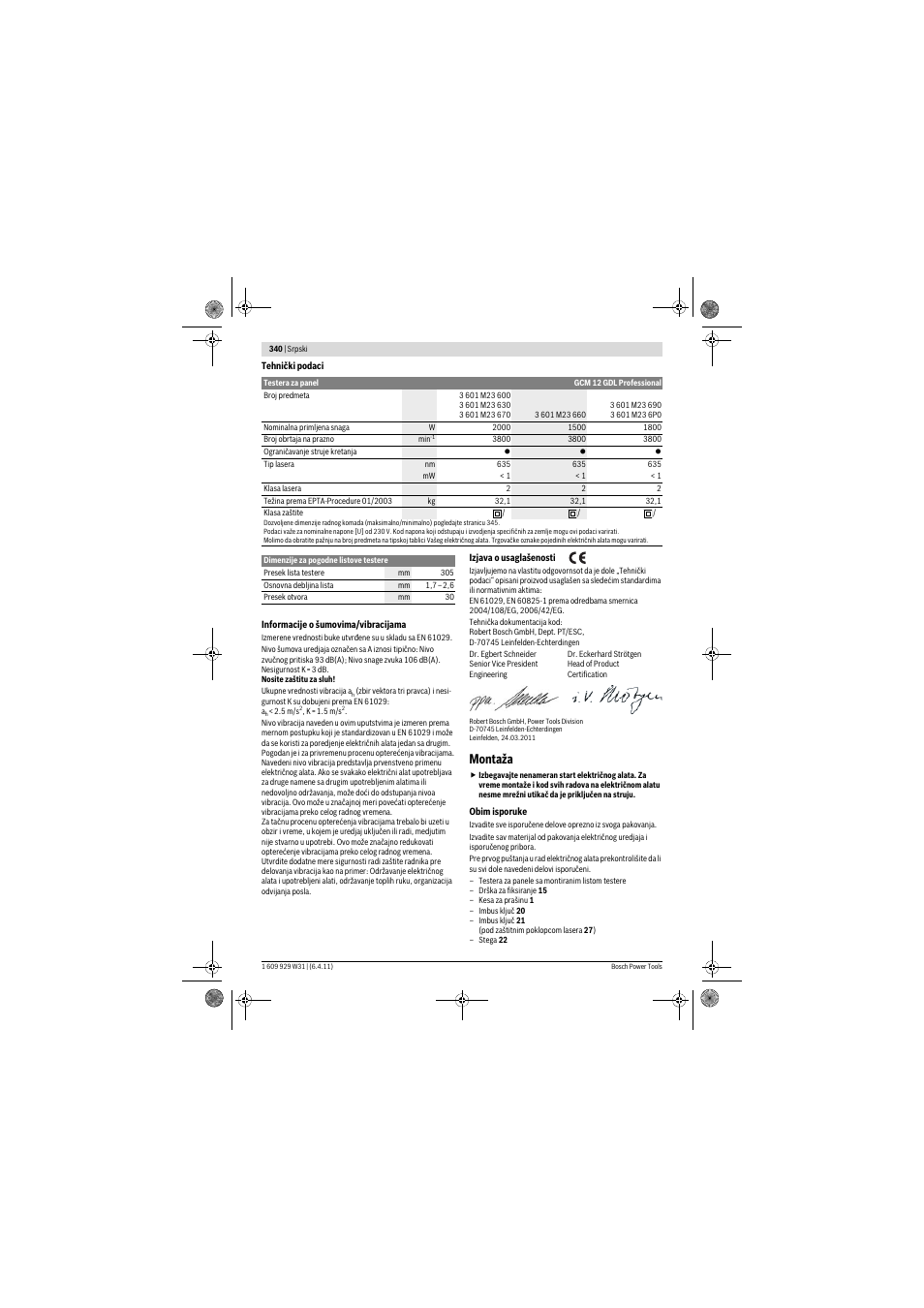 Montaža | Bosch GCM 12 GDL Professional User Manual | Page 340 / 456