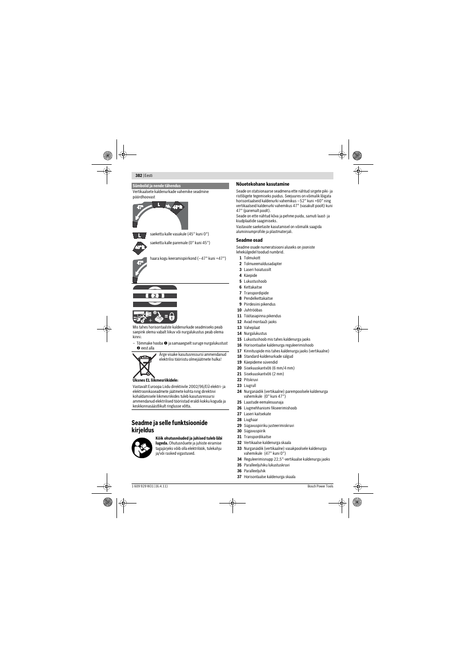 Seadme ja selle funktsioonide kirjeldus | Bosch GCM 12 GDL Professional User Manual | Page 382 / 456