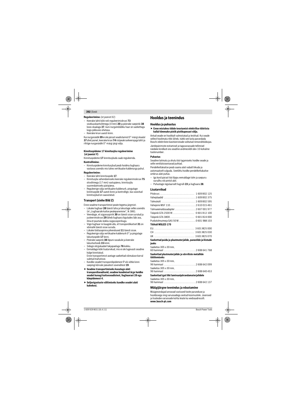 Hooldus ja teenindus | Bosch GCM 12 GDL Professional User Manual | Page 392 / 456