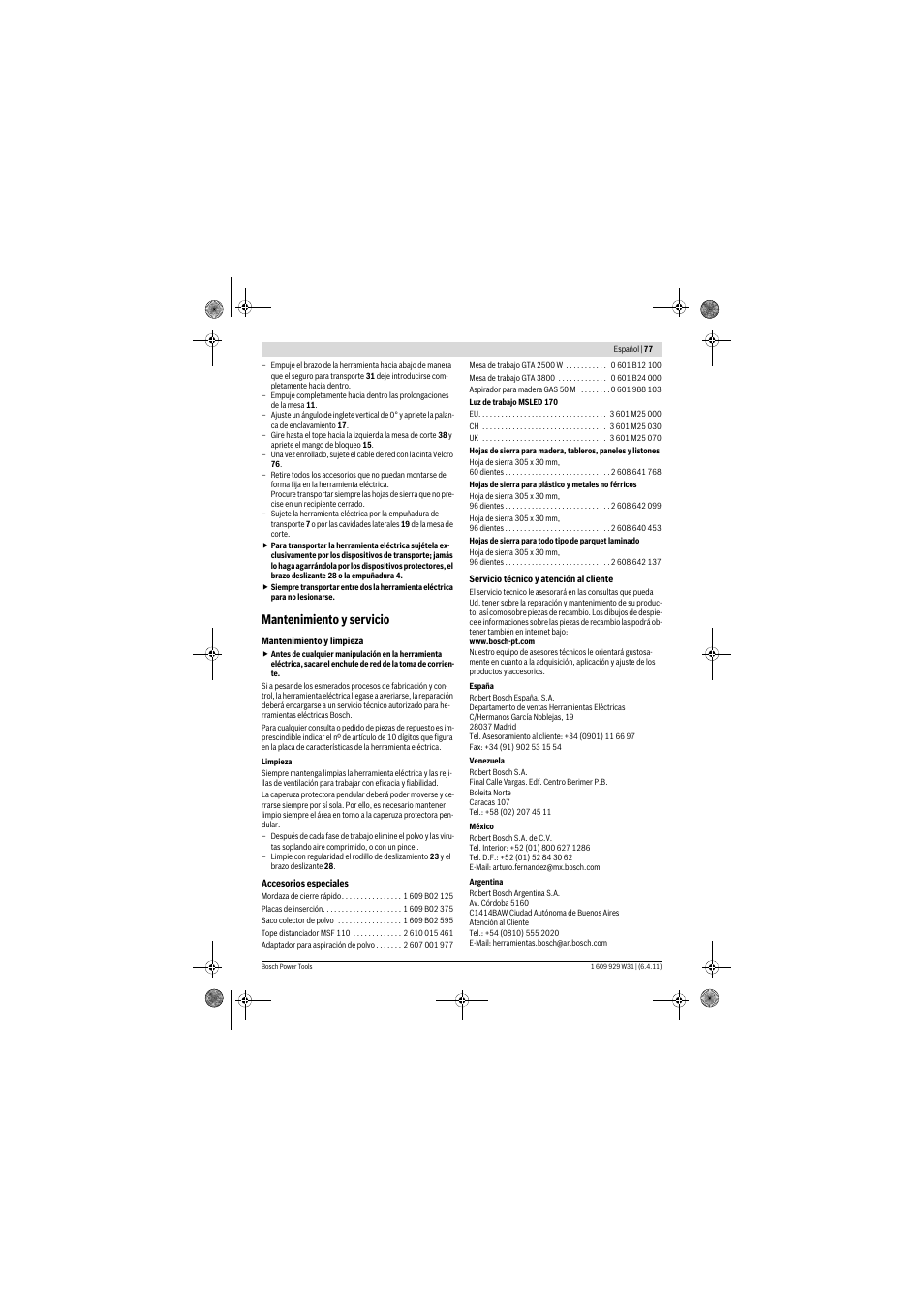 Mantenimiento y servicio | Bosch GCM 12 GDL Professional User Manual | Page 77 / 456