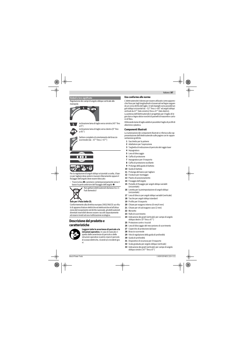 Descrizione del prodotto e caratteristiche | Bosch GCM 12 GDL Professional User Manual | Page 97 / 456