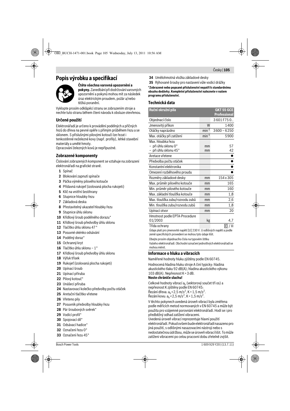 Popis výrobku a specifikací | Bosch GKT 55 GCE Professional User Manual | Page 105 / 208