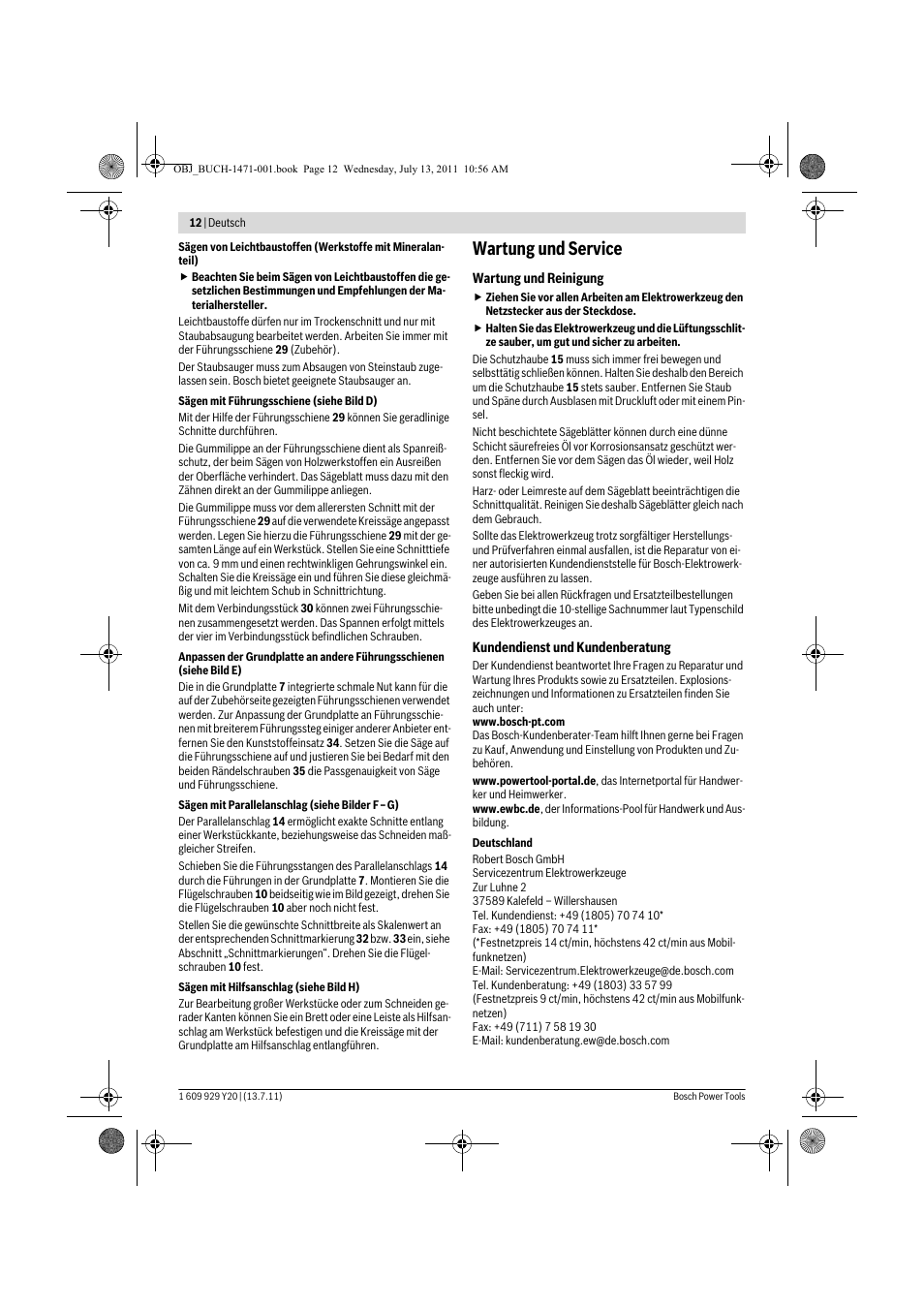 Wartung und service | Bosch GKT 55 GCE Professional User Manual | Page 12 / 208