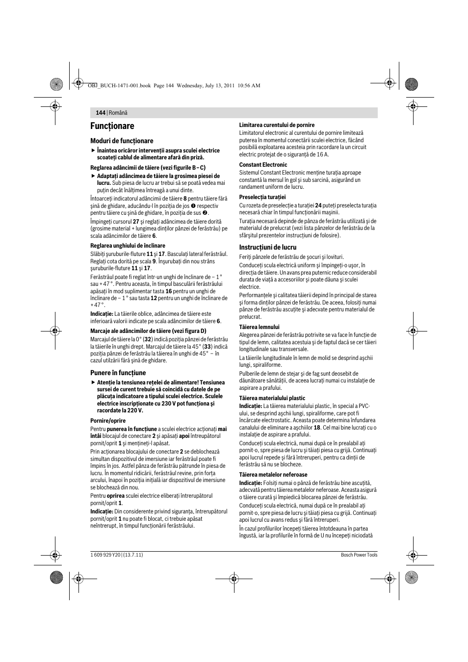 Funcţionare | Bosch GKT 55 GCE Professional User Manual | Page 144 / 208