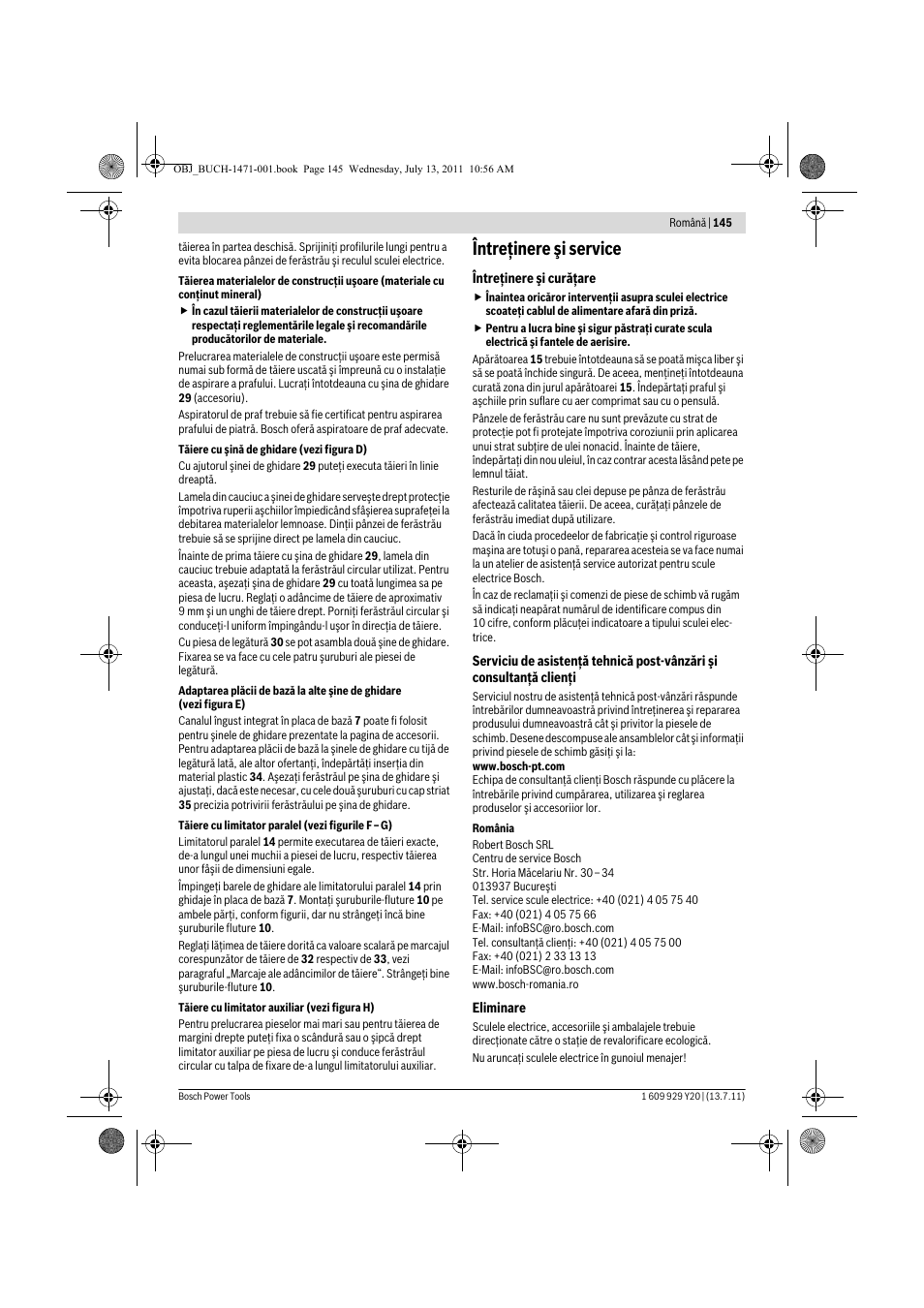 Întreţinere şi service | Bosch GKT 55 GCE Professional User Manual | Page 145 / 208