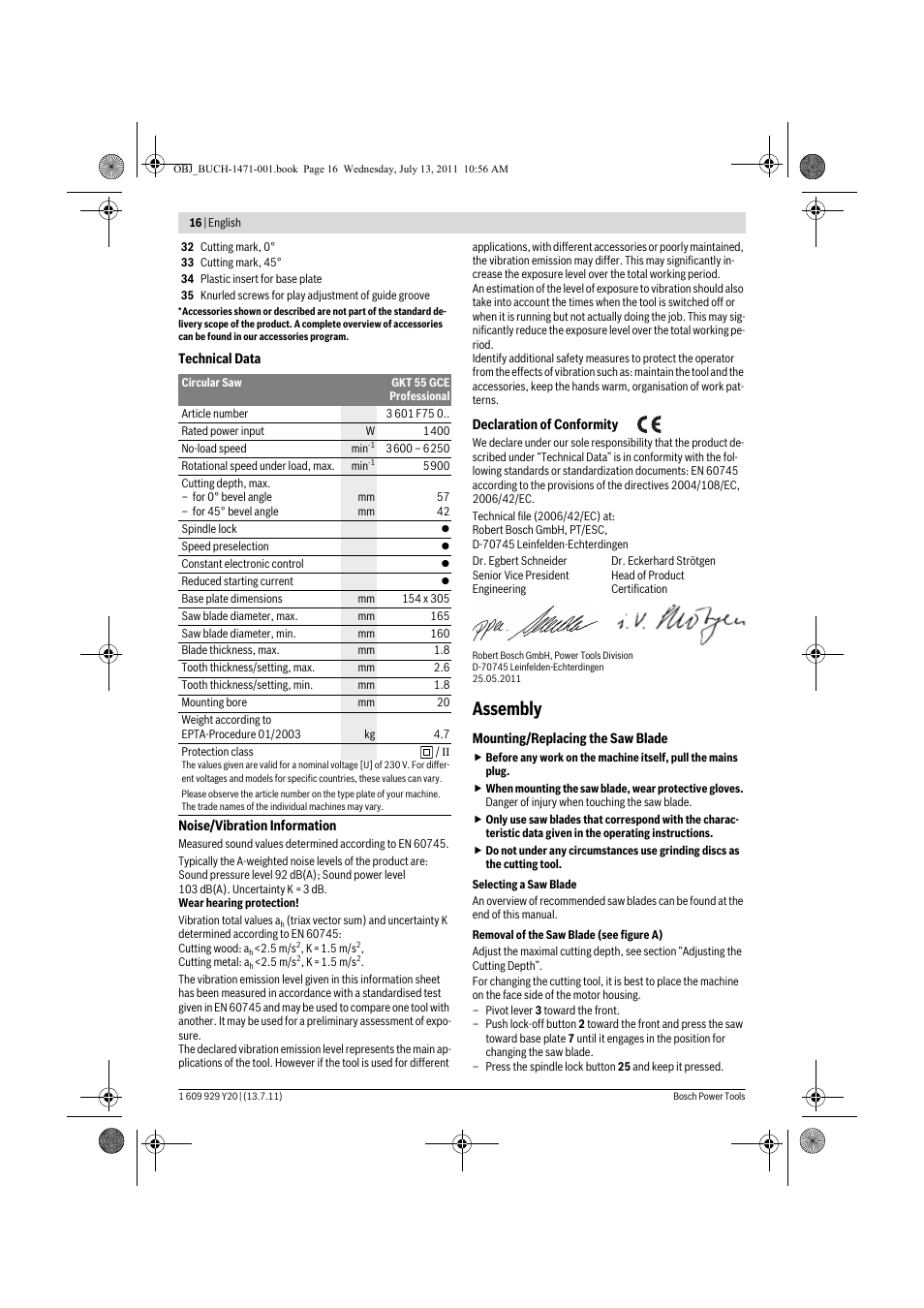 Assembly | Bosch GKT 55 GCE Professional User Manual | Page 16 / 208