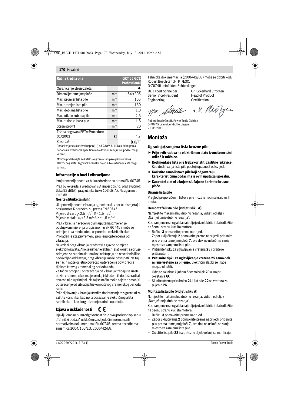 Montaža | Bosch GKT 55 GCE Professional User Manual | Page 170 / 208